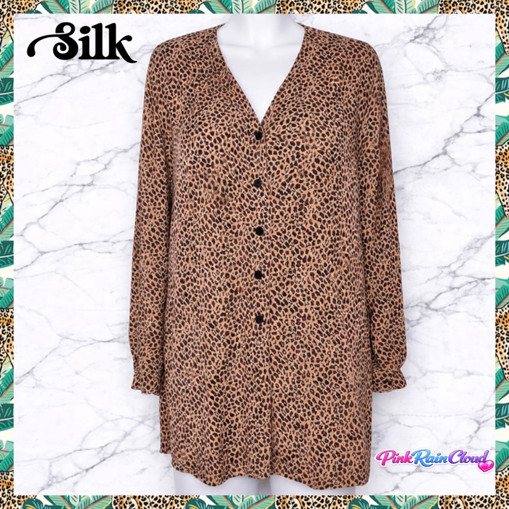 Dana Buchman 80s SILK Leopard Print Button Up Tunic Blouse Women’s 6
